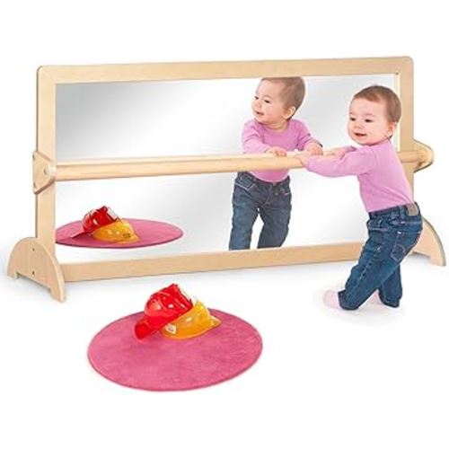 3-Position Montessori Wood Frame Non-Shatter Safety Pull Up Bar Baby Big Mirror Set, Infant Coordination Mirror, Kids Classroom Furniture for Daycare, Homeschool or Preschool