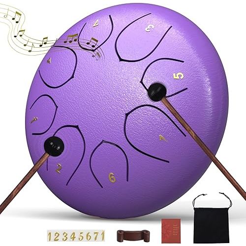 Rain Drum for Outside Garden, 6 Inches 8 Notes Steel Tongue Drums, Waterproof Meditation Echo Rain Chime, Musical Instruments for Adult Gift with Bag, Music Book, Mallets (Purple)