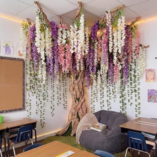 3D Wisteria Tree Decor 18 Pcs 54 Branches Wisteria Hanging Flower 5 Pcs Artificial Vine and 98.4 ft Kraft Paper Fairy Forest Decorations for Classroom Reading Corner(Multicolor)