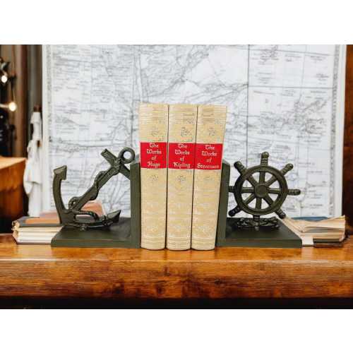 Nautical Cast Iron Bookend Set Bronze Finish Anchor And Ship Wheel Coastal Decor Heavy Metal Library Office Accents