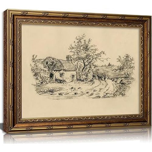 Vintage Gold Framed Sketch Cottage Canvas Wall Art,Retro Rustic Farmhouse Neutral Cottagecore Painting Picture Wall Decor,Country Nature Landscape Poster Print Artwork,for Bedroom Office