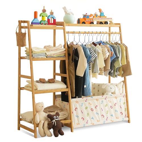 Baveke Kids Clothing Rack- Toddler Dress Up Rack with 5-Tier Open Shelves & Storage Bag, Baby Clothes Rack Small, FSC-Certified Bamboo Garment Rack & Free Standing Clothes Rack, Mini Clothing Rack