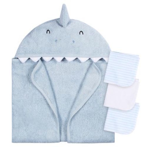 Gerber Baby Blue Shark Hooded Bath Towel & Washcloths, One Size Fits Most, 4-Piece Set