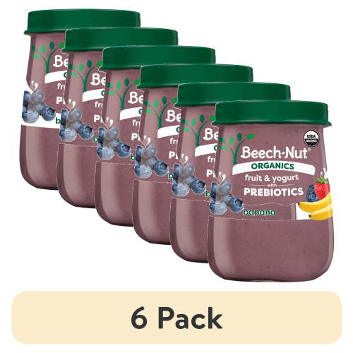 (6 pack) Beech-Nut Organics Fruit & Yogurt Baby Food + Prebiotics, Banana Berry, Stage 2, 4oz Jar