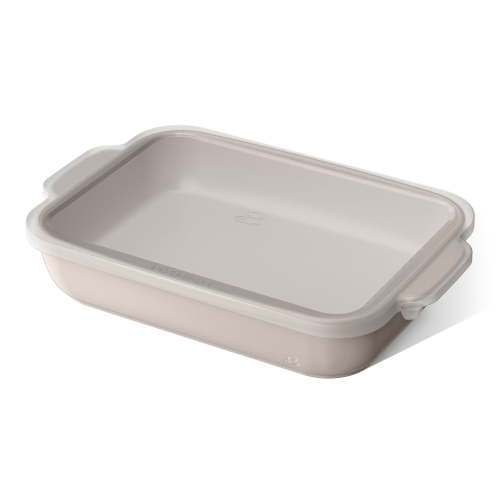 Beautiful 9”x 13” Stoneware Baker with Plastic Lid, Porcini Taupe by Drew Barrymore