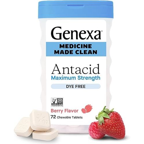 Genexa Clean Antacid Chewable Tablets | Maximum Strength Calcium Carbonate for Heartburn, Acid Indigestion & Upset Stomach Relief | Dye Free, 0% Artificial Additives | Berry Flavor Chewables, 72ct