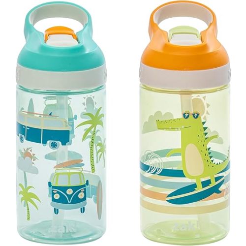 Zak Designs Atlantic Kids Water Bottle For School or Travel, 16oz Durable Plastic Water Bottle With Straw, Handle, and Leak-Proof, Pop-Up Spout Cover, 2-Pack (Surf Boards and Palm Trees)