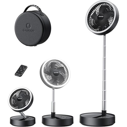 Gaiatop Portable Pedestal Fan 16000mAh Battery [Max 74h Runtime], Foldable Oscillating Standing Fan, Collapsible Desk Fans, LED Light, Case & Remote Control, 4 Speeds for Outdoor Travel Camping Office