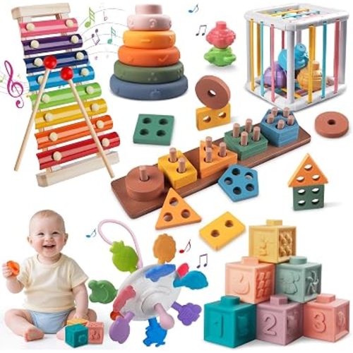 6-in-1 Montessori Baby Toy Set with Wooden Shape Sorter Xylophone Teether