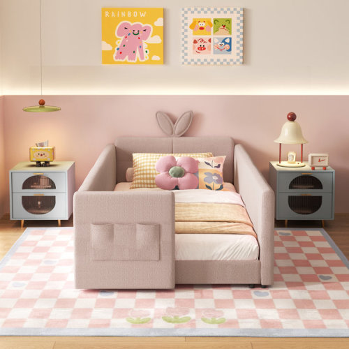 Zoomie Kids Upholstered Platform Bed With Cute Rabbit Ear Shaped Headboard, Safety Rail, And Convenient Storage Pocket, Boucle Fabric – Perfect For Kids' Bedroom & Reviews | Wayfair