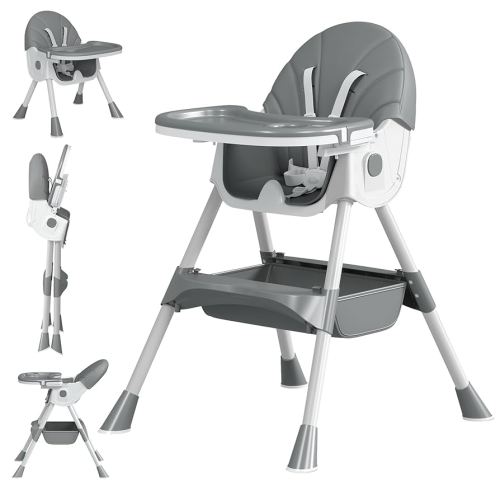 Baby High Chair, 5 in 1 High Chairs for Babies and Toddlers, Travel Foldable High Chair with Foot Rest, Detachable PU Cushion, Double Removable Tray, Adjustable Height & Recline, Locking Wheels