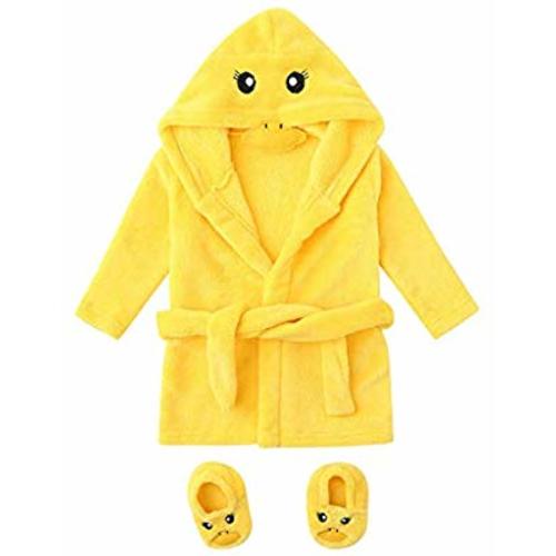 KASSD Infant Boys Girls Cartoon Duck Print Flannel Bathrobes, Hoodie Sleepwear+Footwear Outfits, 0-12 Months (0-6 Months, Yellow-Duck)