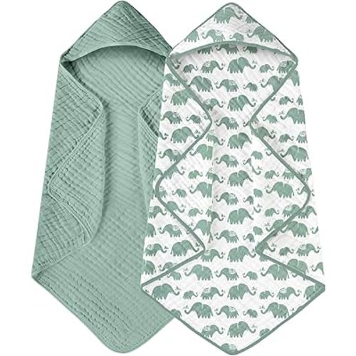 Yoofoss Hooded Baby Towels for Newborn 2 Pack 100% Muslin Organic Cotton Baby Bath Towel with Hood for Babies, Infant, Toddler and Kids, Large 32x32Inch, Soft and Absorbent Newborn Essential