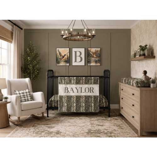 Bottomland Camo Crib Set, Duck Hunting Nursery Bedding, Baby Boy Blanket, Plaid Pillow