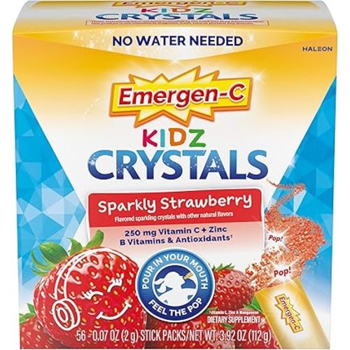 Emergen-C Kidz Crystals, On-the-Go Emergen-C Immune Support Supplement with Vitamin C, B Vitamins, Zinc and Manganese, Sparkly Strawberry, Stocking Stuffer - 56 Stick Packs