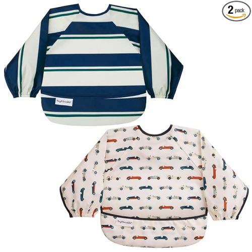 Tiny Twinkle Long Sleeve Bib for Babies&Toddlers|2-Pack Waterproof Smock Bib for Eating|Machine Washable&Mess-Proof Feeding Essentials|Newborn Shower Gift(Rugby Stripes,Vintage Cars,6-24M)
