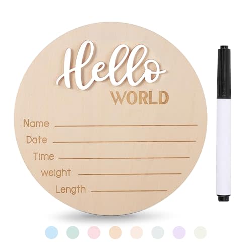 Xyndrella Baby Announcement Sign with Pen, 5.9 Inch Wooden Hello World Newborn Sign for Hospital, 3D Birth Announcement Board, Welcome Baby Name Signs for Nursery, Newborn Gift for Boy & Girl, White