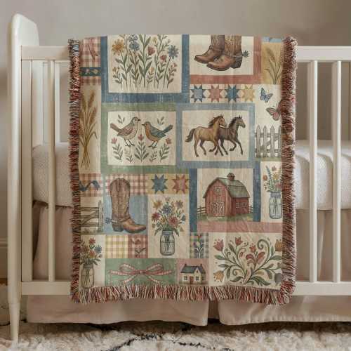 Western Nursery Woven Blanket, Prairie Patchwork Baby Blanket, Cowboy Nursery Decor, Vintage Farmhouse Nursery Throw, Heirloom Baby Quilt