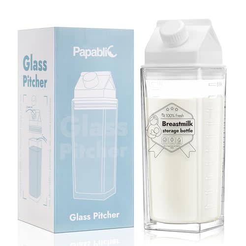 [Glass] Breastmilk Storage Bottles, Baby Breast Formula Milk Container for Breastfeeding Essential, Reusable Milk Pitcher Shaped Collection for Fridge & Milk Cooler, BPA Free, 17 oz