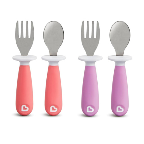 Munchkin® Raise™ Toddler Fork and Spoon Utensil Set, Rest Keeps Tip Off Table, BPA Free, 4 Pack, Pink/Purple