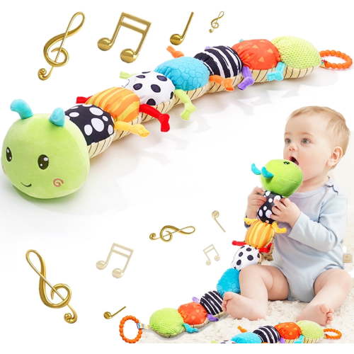 Infant Baby Musical Stuffed Animal Activity Soft Toys with Crinkle, Rattle and Teething Gel, Gift for Newborn 0-3-6-12 Months Boys, Girls