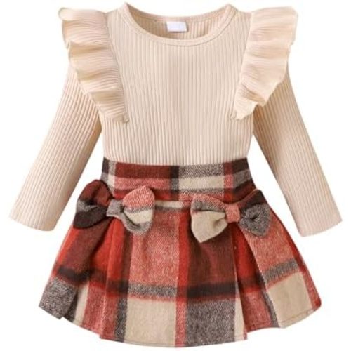 Toddler fall winter clothes outfits long sleeve Knit Tshirt tops + plaid skirt + cap + bellt 4pcs