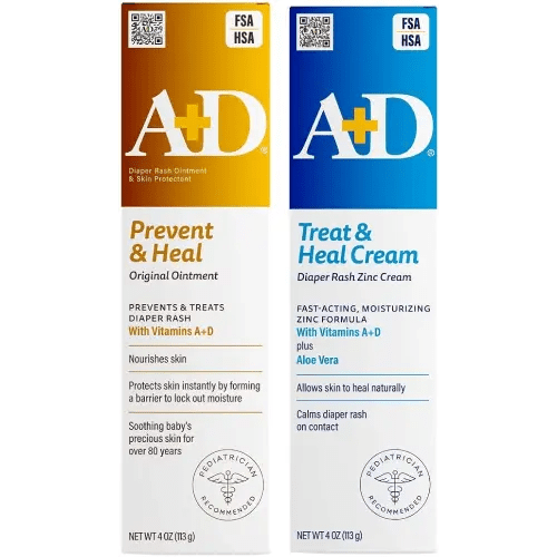 A+D Original Diaper Rash Ointment + Zinc Oxide Diaper Rash Cream 4oz Variety Pack - Prevents & Treats - Moisturizing Skin Protectant With Vitamins A & D