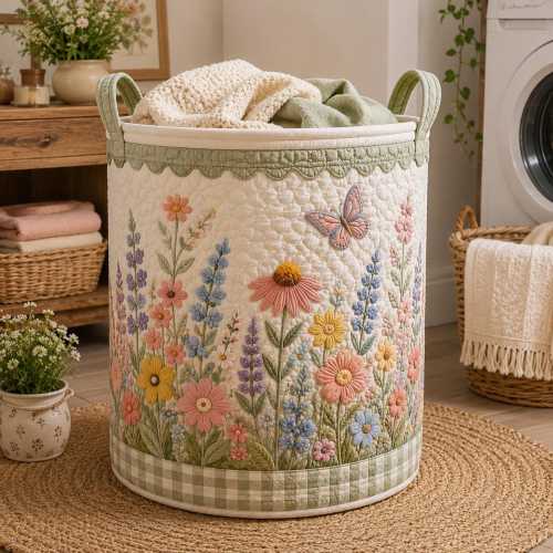 Spring Wildflower Quilted Laundry Basket, Botanical Floral Storage Bin, Bluebird Hamper, Cottagecore Decor, Gift for Grandma SQLB01