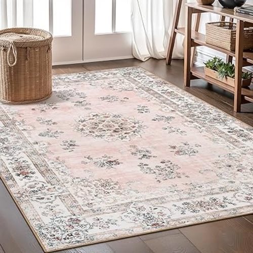 Lahome Washable Pink 5x7 Area Rugs for Bedroom Girls Nursery, Boho Soft Floral Print Area Rug for Living Room Apartment, Non-Slip Carpet for Aesthetic Home Decorations Bedroom Decor