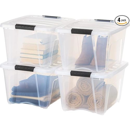 IRIS USA 32 Qt Stackable Plastic Storage Bins with Lids, 4 Pack - BPA-Free, Made in USA - See-Through Organizing Solution, Latches, Durable Nestable Containers, Secure Pull Handle - Clear