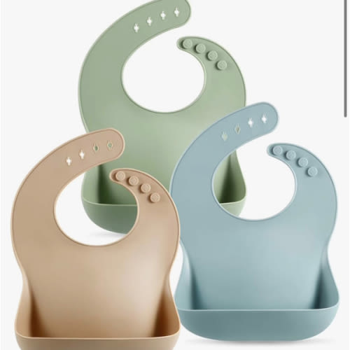 PandaEar Set of 3 Silicone Baby Bibs Waterproof, Soft, Unisex, 10-72 Months (Brown/Blue/Green)