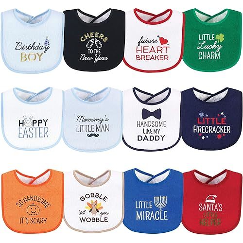 Hudson Baby Unisex Baby Cotton Terry Drooler Bibs with Fiber Filling, Cute Boy Holiday Sayings, One Size