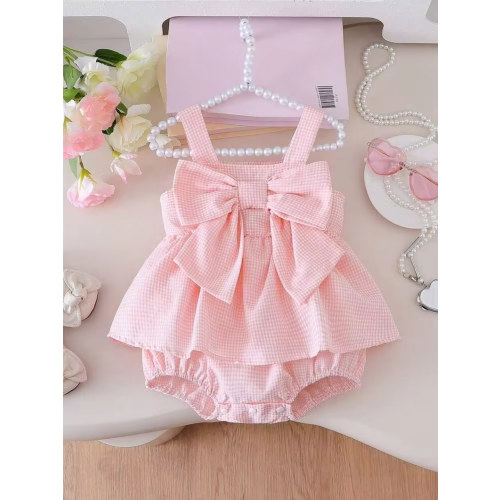 Baby Girls' Cute Plaid Sleeveless Romper With 3D Bow Decor And Button Design, Pink, Suitable For Valentine's Day, Birthday, Everyday Wear, Spring/Summer | SHEIN USA