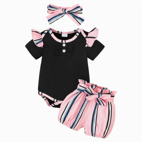 TOWED22 Infant Baby Girl Clothes Romper Shorts Set 3 Piece Summer Outfits Cute Bowknot Round Neck Soft Cotton Elastic Waist(Black,0-3 M)