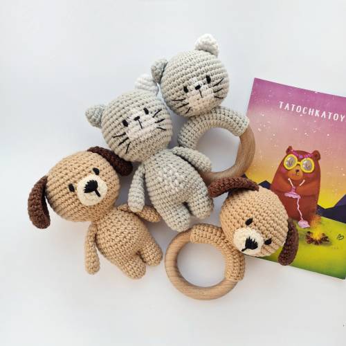 Small crochet cat dog baby toy, knit puppy cat rattle gift