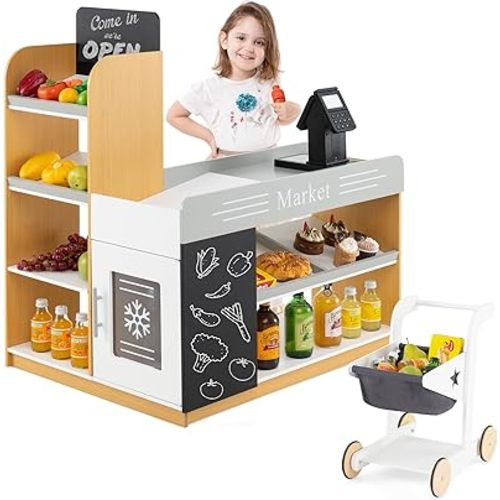 HONEY JOY Kids Grocery Store Playset, Wooden Play Store with Shopping Cart, Toddler Supermarket Checkout Stand w/Blackboard, Display Shelves, Grocery Store Pretend Play, Gift for Boys Girls, Natural