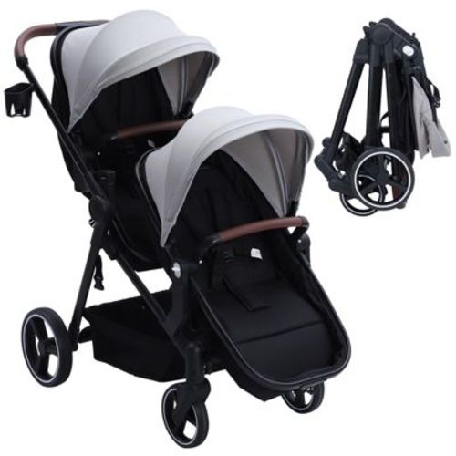 Double Stroller Newborn and Toddler, Foldable Twin Stroller with Reversible Seat, 5-Point Safety Harness,Light Grey