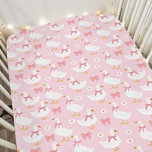 Cute Geese Pink Bows Baby Crib Sheets for Boy Girl 28"x52" Pastel Ducks Daisy Soft Snug Fitted Crib Mattress Covers Spring Farm Animal Floral Baby Sheet for Standard Crib & Toddler Bed Mattress