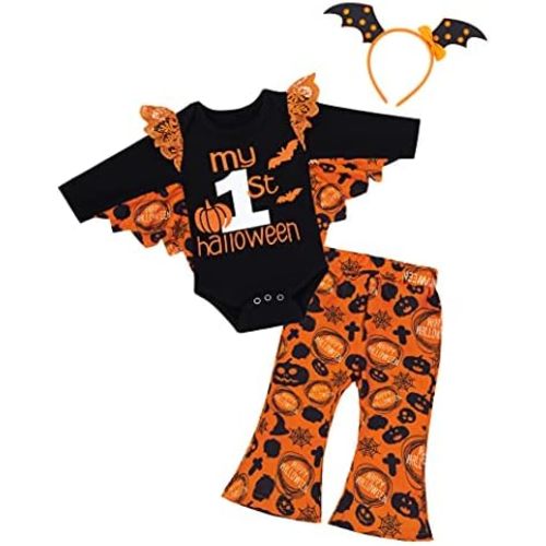 MIGU Baby Girl Halloween Costumes My First Halloween Outfit Ruffle Romper + Pumpkin Pants + Headband Set…