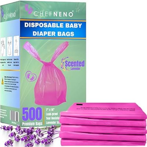 Baby Disposable Diaper Sacks (500 ct.) Lavender Scented, Easy-To-Tie Tabs, Diaper Disposal Pet Waste Bags Bulk Diaper Sacks Dog Poop Bags Cat Waste Bags Sanitary Pads Disposal (500 Bags, Pink)