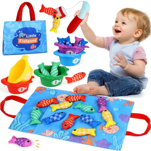 Flooyes Montessori Toys for 1 Year Old Toddler, Boy Girl Birthday Gift -10 in 1 Cloth Fishing Game for Toddler 1-3 with Stacking Cups- Number Counting, Color Sorting, Shape Learning