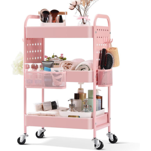 Latitude Run® Metal Rolling Storage Cart, 3-Tier Utility Mobile Cart With DIY Pegboards, Serving Trolley Cart With Baskets Hooks, For Kitchen, Bathroom, Office, Home, Classroom | Wayfair