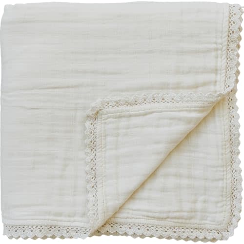 Mebie Baby Muslin Quilt, Cream Lace, 100% Cotton Baby Blanket for Girls & Boys, Newborns to Toddler, Soft Swaddle Blanket, 47"x47"