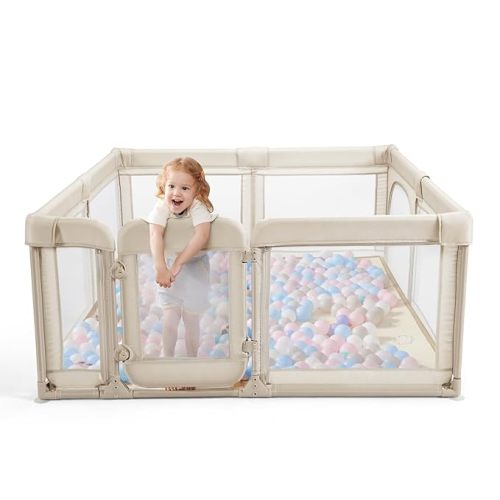 Baby Playpen for Babies and Toddlers, 59 x 79in Large Playpen with Double Door, Full Steel Frame & Oxford Fabric, 0-24 Months Safe Play Area for Infant and New Parents(Khaki)