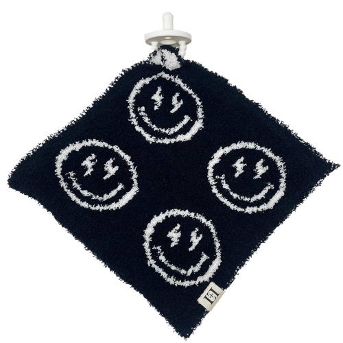 Smiley Face Lightning Bolt Baby Lovey Pacifier Holder 10"x10" - Cuddly Soft Knitted Reversible Mini Comfort Security Blanket - Newborn Gift Essential for Babies Boys and Girls (Black/White)