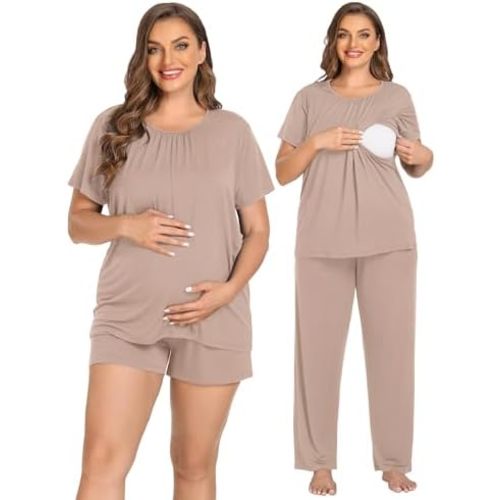 SWOMOG Women 3Pcs Maternity Pajama Set Nursing Pjs Pregnancy Set Breastfeeding Pjs Double Layer with Pockets