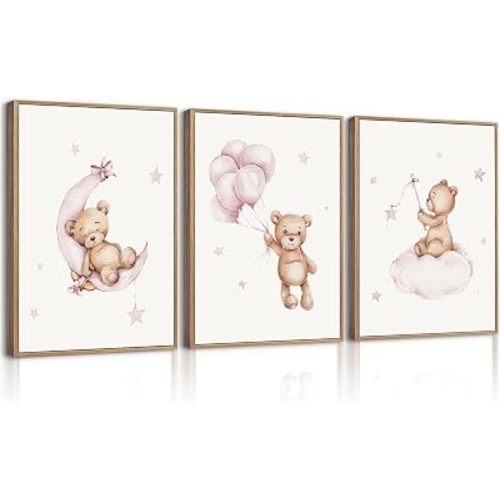 Bear Nursery Wall Art Decor Set of 3 Teddy Bear Wall Art Baby Girl Canvas Wall Decor Pink Pictures Balloon Nursery Children Prints Artwork Moon Star Cloud Art for Boys Room Bedroom 12x16 Inch Unframed