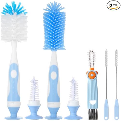 Ariseno 5-in-1 Baby Bottle Brush Set, Including Nylon and Silicone Bottle Brush, Bottle Cap, Straw and Nipple Cleaner, BPA-Free (Blue)