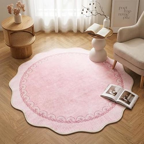 Carvapet Scalloped 3ft Round Rug Washable Modern Solid Color Circle Rugs