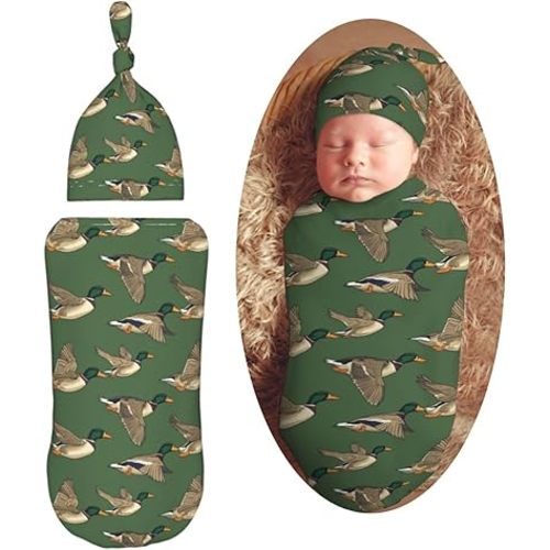 Mallard Ducks Flying Newborn Swaddle Blankets Hat Sets Soft Baby Receiving Blanket Swaddle Sack for Baby Shower Infant Boy Girl Gift